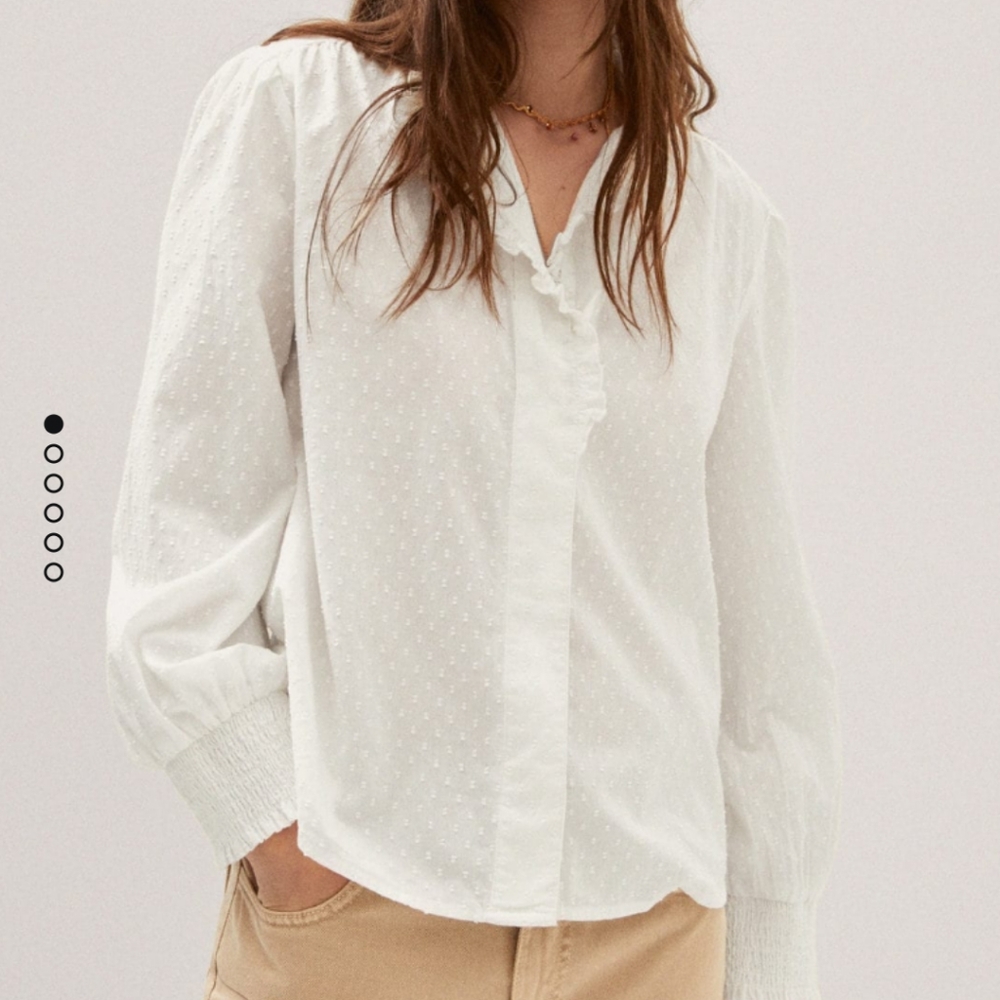 ISO Mango Ruffled Plumeti Blouse